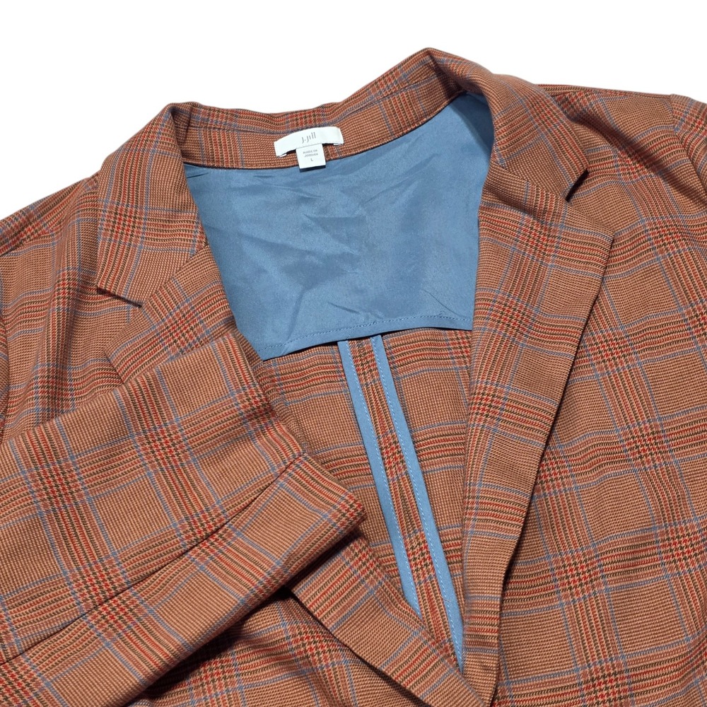 J.Jill Blazer Women L Brown Plaid One Button Knit Stretch Professional Career